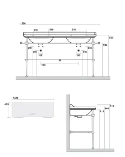Tvättställ på guldställning & glashylla - Art Deco - Dubbelt 150 cm